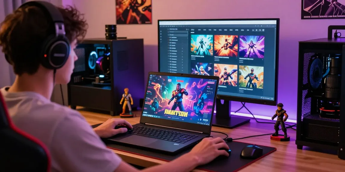 Engaged gamer playing AI porn games on a gaming setup with vibrant graphics and LED lights.