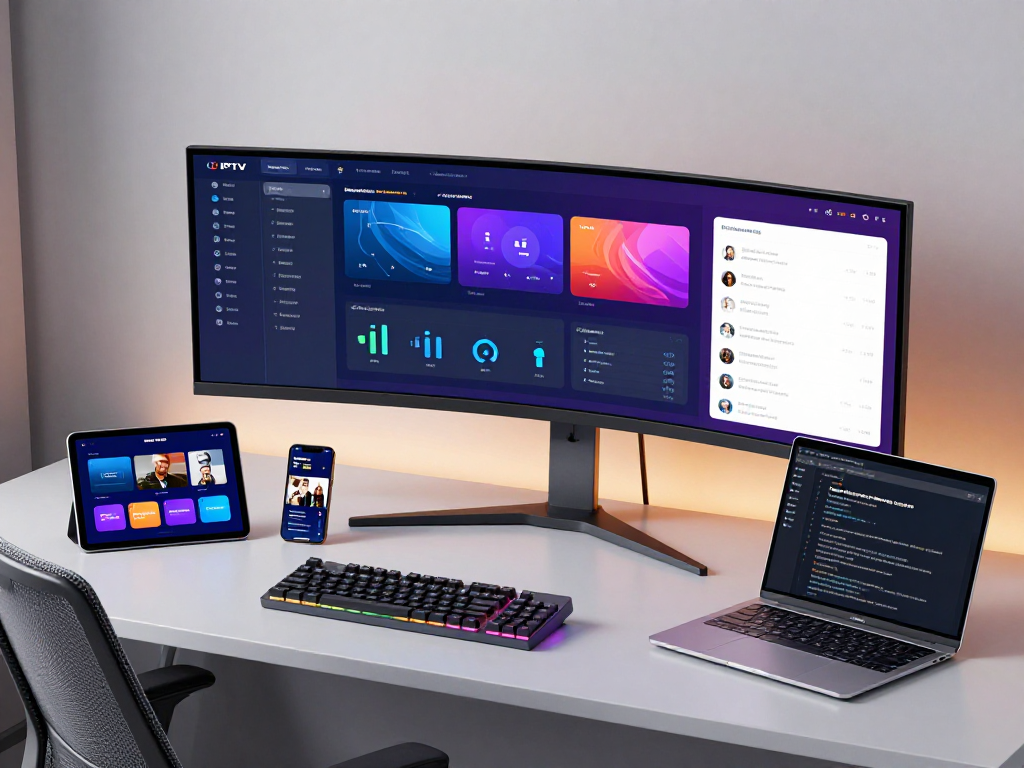 Iptv reseller dashboard showcasing advanced streaming analytics and device compatibility in a modern tech workspace.