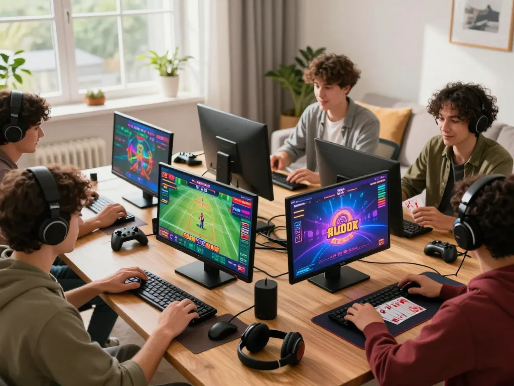 Players enjoying diverse games on https://az888.africa/ in a lively gaming setup with colorful screens and accessories.