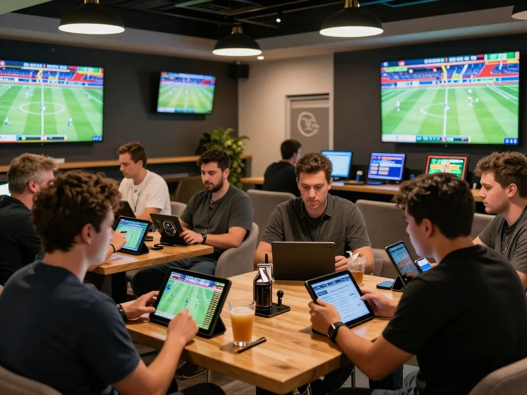 Engaged bettors studying odds and placing wagers in a lively sports betting lounge with tr88 technology