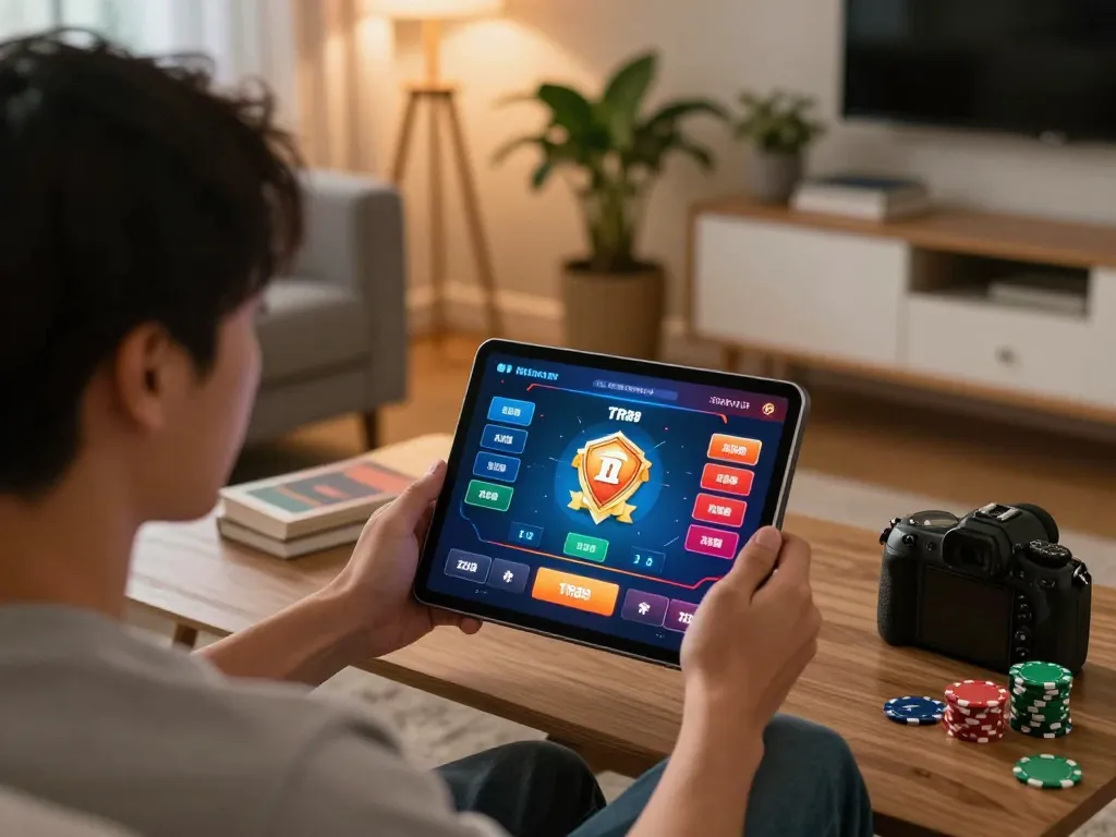 Engage in thrilling online gaming at TR88 with a player enjoying poker on a tablet in a cozy setting