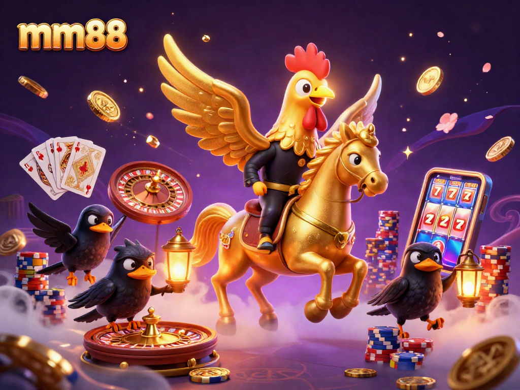 Play thrilling games at mm88 with a vibrant 3D casino scene filled with festive characters.