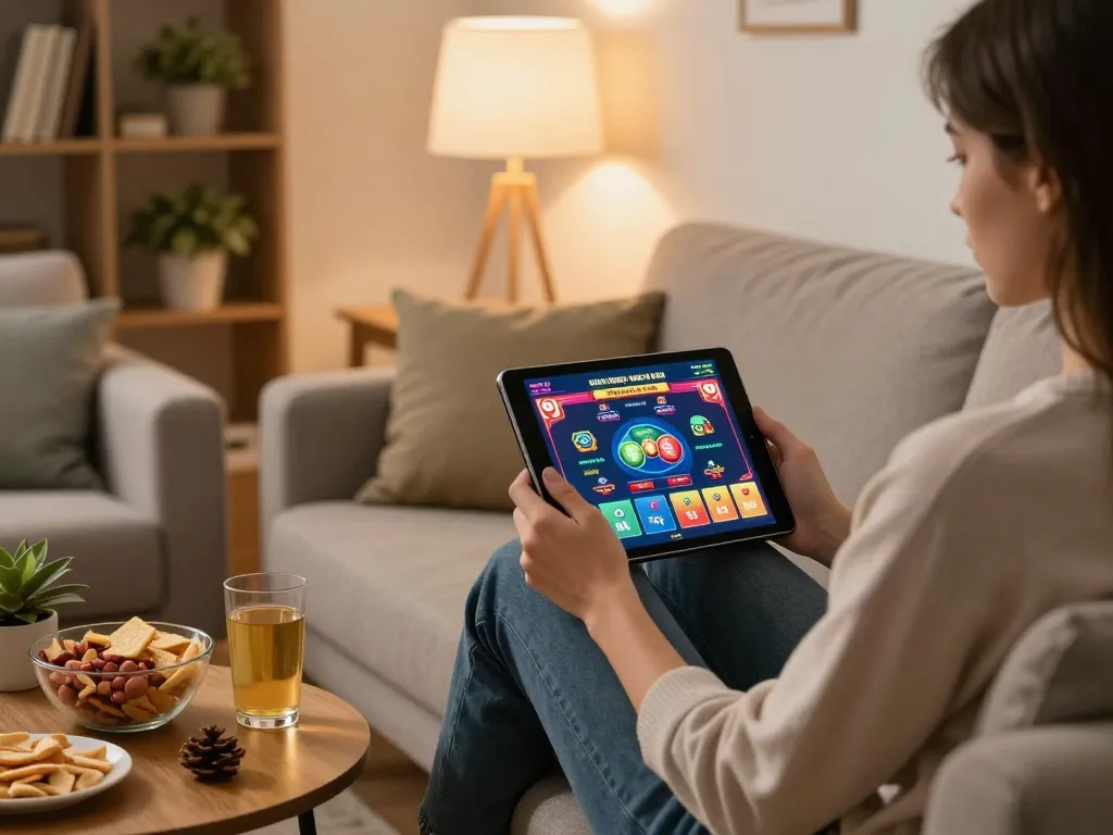Engaging in online casino gaming with g28 on a tablet in a cozy home environment.