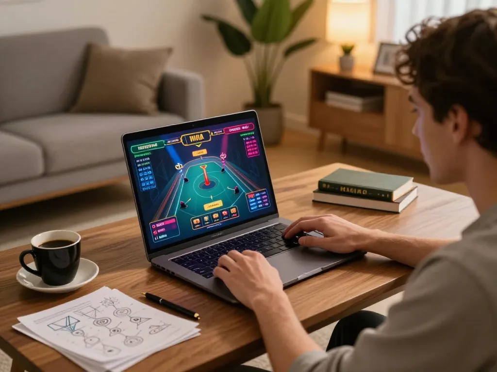Player enjoying an online casino session at home, featuring a bl555 interface and strategic notes for better odds.
