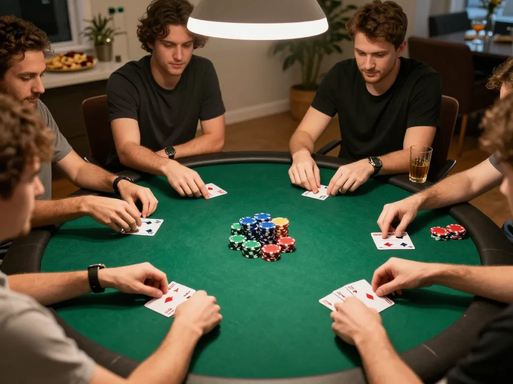 Luck8 players strategizing in an engaging poker game at home, vibrant chips and warm ambiance