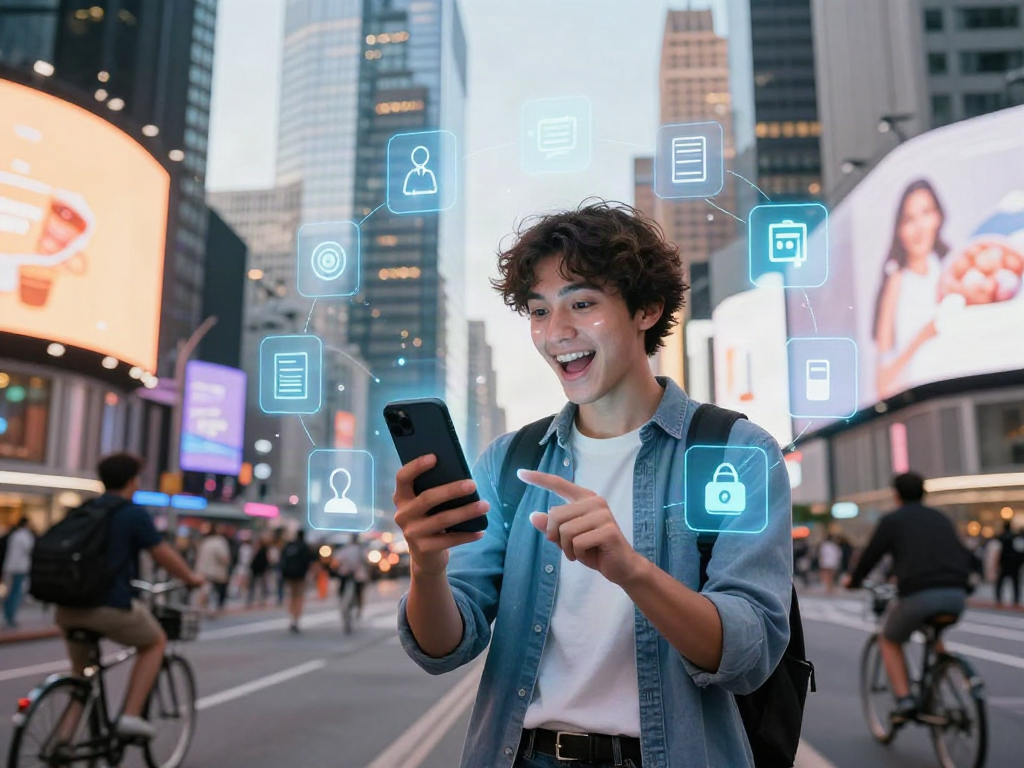 Youthful person engaging with an AI chatbot interface illustrating the concept of 'ai slut' in a vibrant urban lifestyle setting.