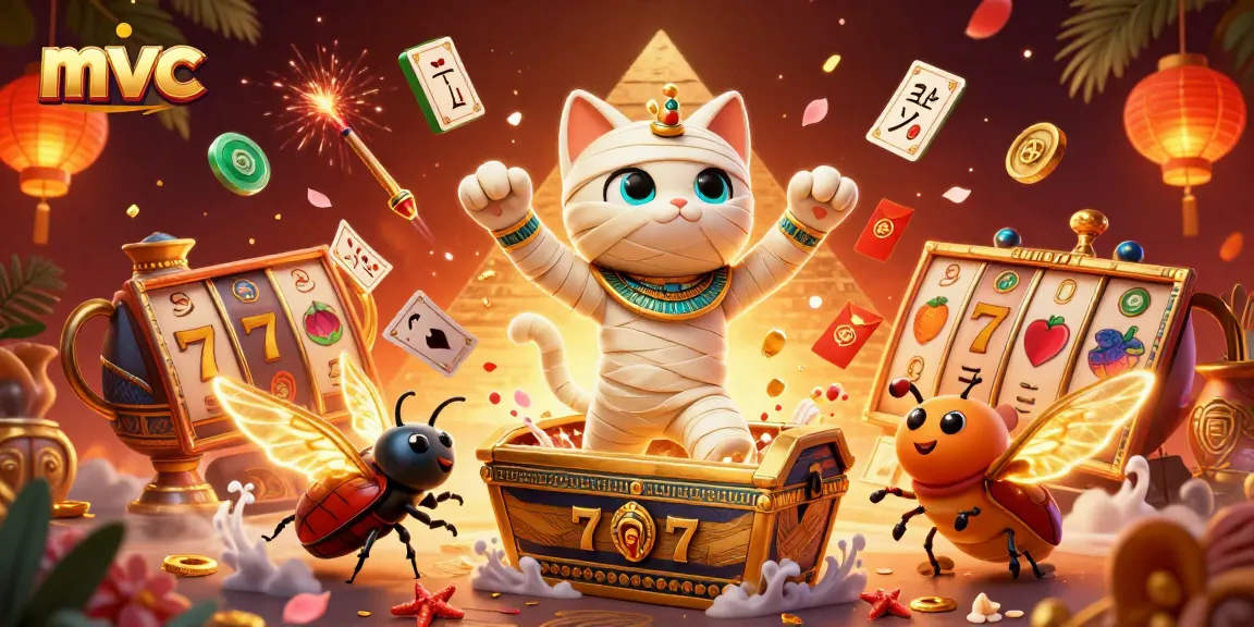 Engage with thrilling slots at mvc's vibrant pyramid casino illustration featuring a mummy cat and scarab beetle.