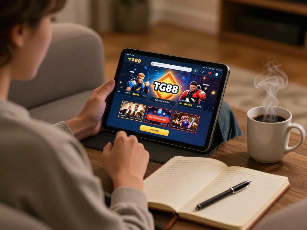 Player enjoying the TG88 app on a tablet, surrounded by betting notes and a cozy atmosphere.
