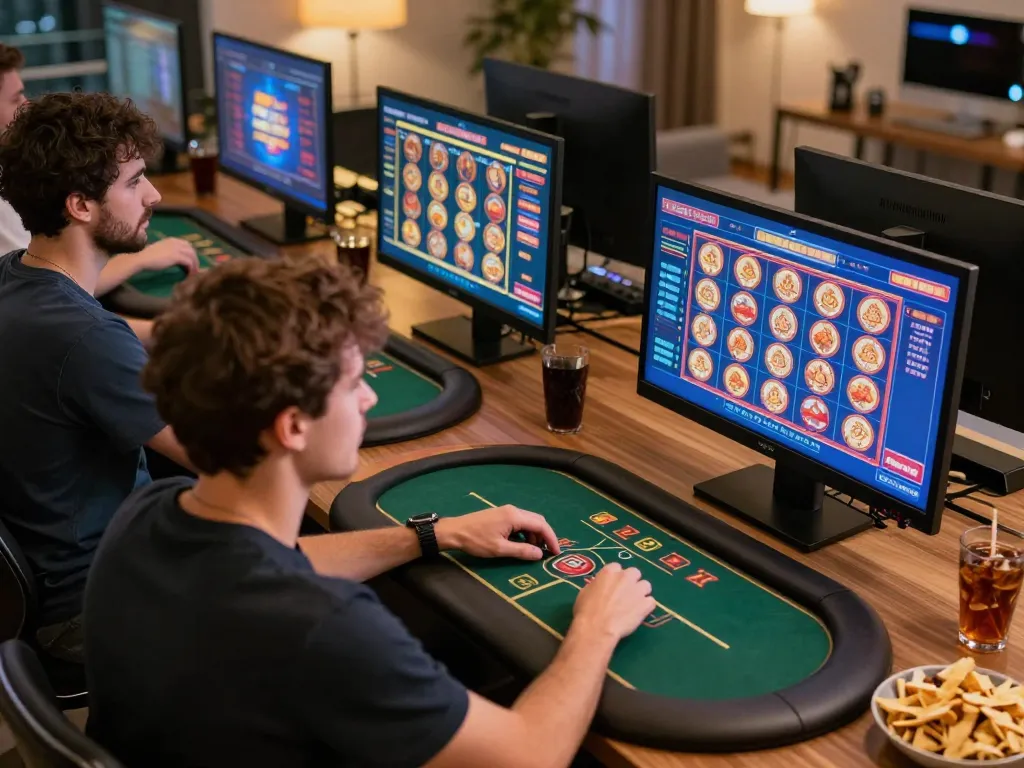 Players engaging with Zumospin reviews while using online casino interface from a stylish home setting