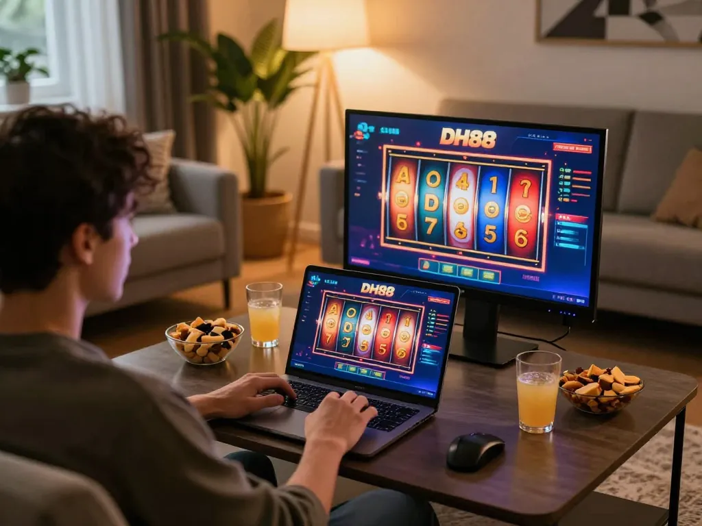 Player enjoying DH88 online casino experience with vibrant slots on laptop at home.