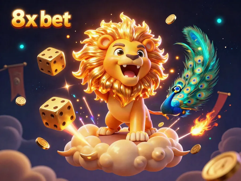 Experience thrilling wins with 8x bet and dynamic gambling scene featuring golden dice and roaring lion.