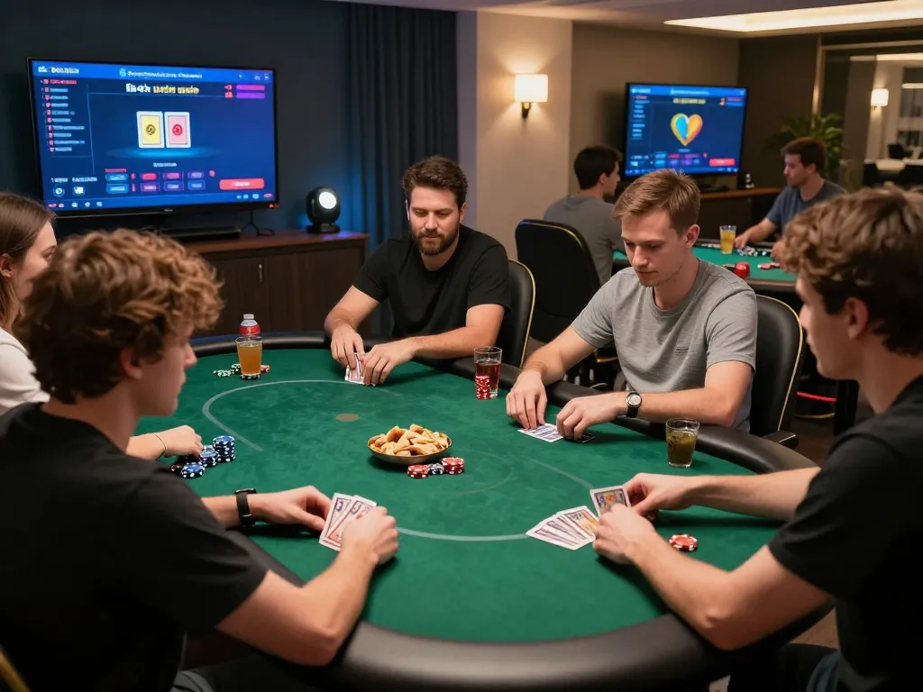 Bong88 players engaged in online poker, analyzing strategies with vibrant gaming setup.
