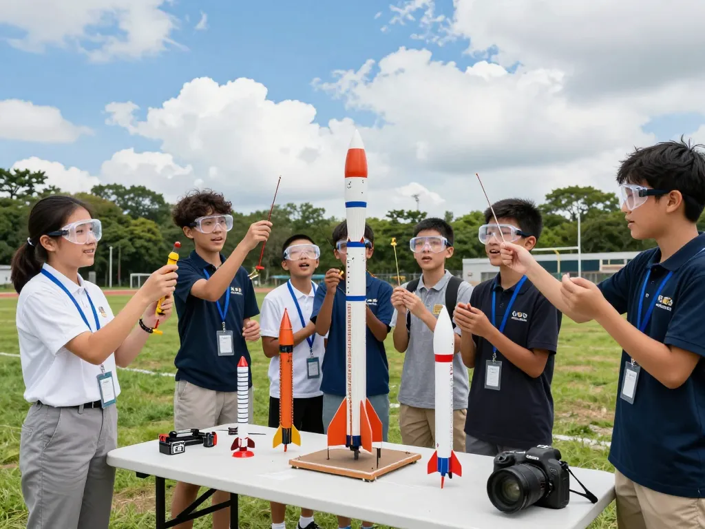 Students launching model rocket engines at an outdoor school event.