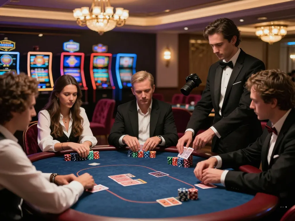 Players engaging in a strategic poker match at a high-end casino, featuring sc88 decorated tables with vibrant chips.