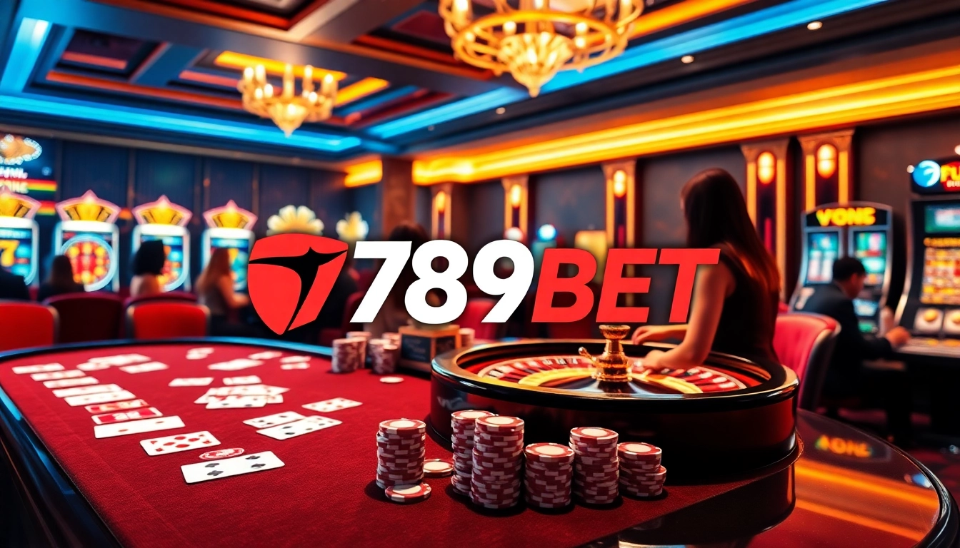 Engage in thrilling online gambling with 789BET, featuring poker chips, cards, and a roulette wheel.