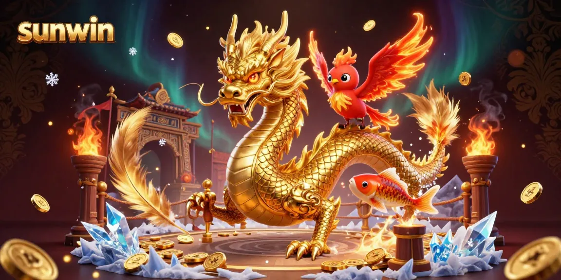 Experience thrilling gameplay on sunwin with a fierce dragon, phoenix, and koi fish amidst gold coins.