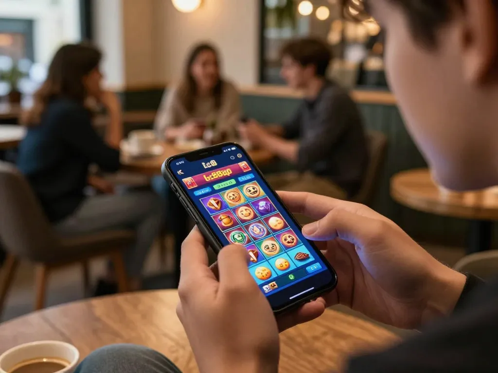Engaged player enjoying the lc88app while playing online slots in a vibrant coffee shop setting