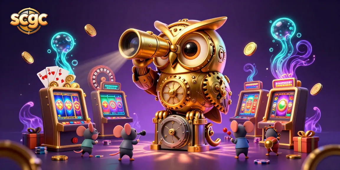 Engage with exciting gameplay at scgc's vibrant casino illustration featuring a clockwork owl and bustling mouse patrons.
