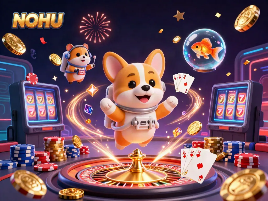 NoHU slots celebration with astronaut corgi, hamster, and goldfish in vibrant casino scene.
