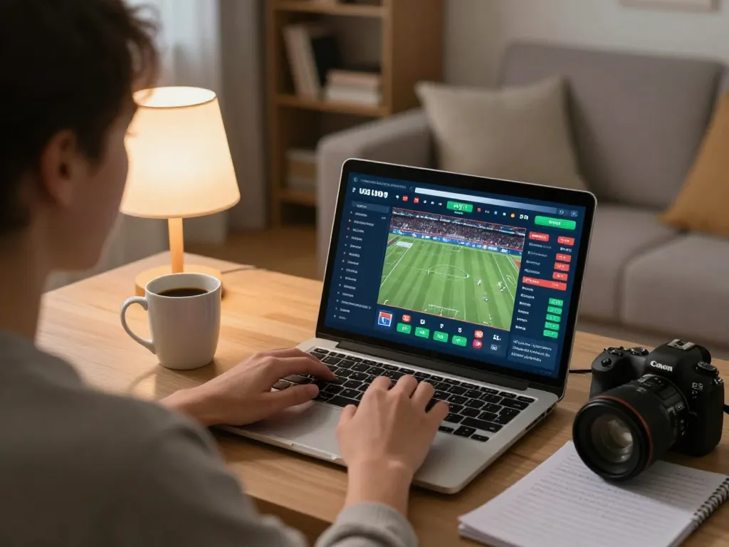 Engaging with mlb-shop sports betting on a laptop in a cozy home environment, showcasing a strategic approach.