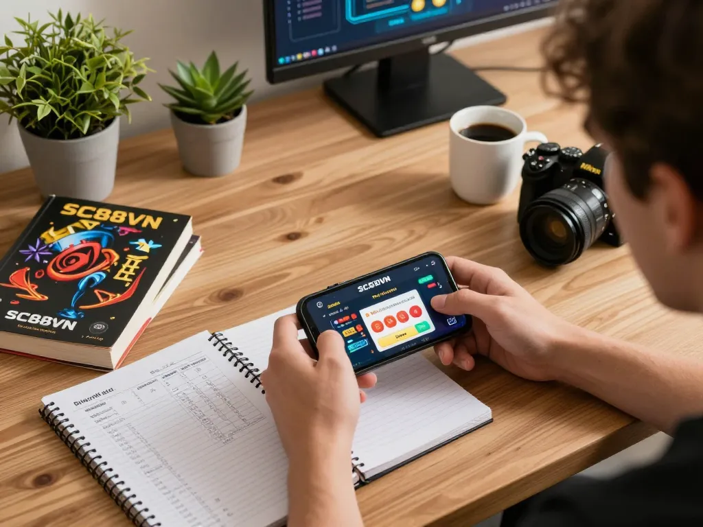 Person strategizing for online gaming with SC88VN app on smartphone in a cozy home environment.
