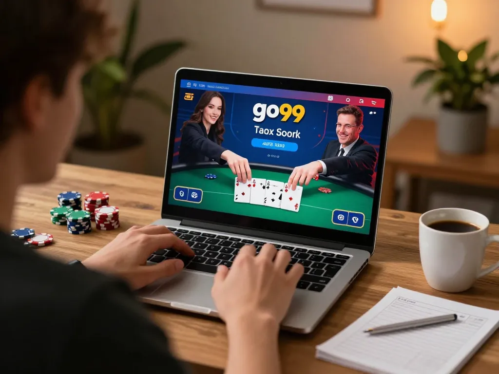 Engaging online gambling moment at go99 with poker game on laptop, cozy home setup.