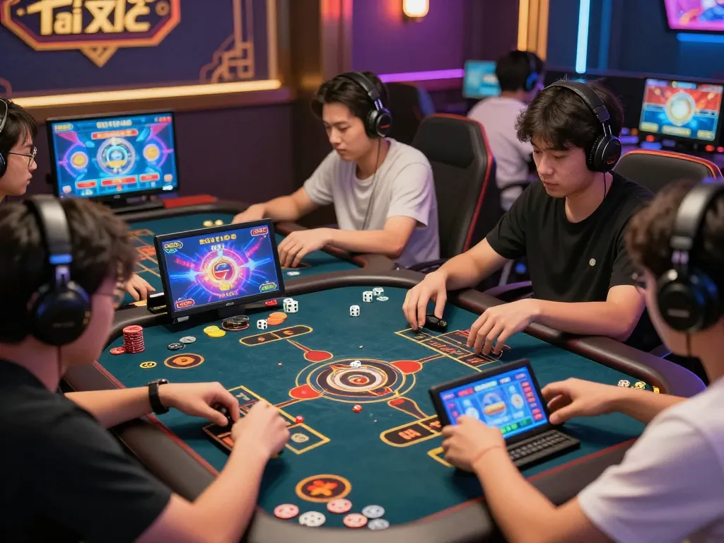 Exciting tài xỉu online gaming experience with diverse players engaged in betting, showcasing vibrant graphics and traditional gaming elements.