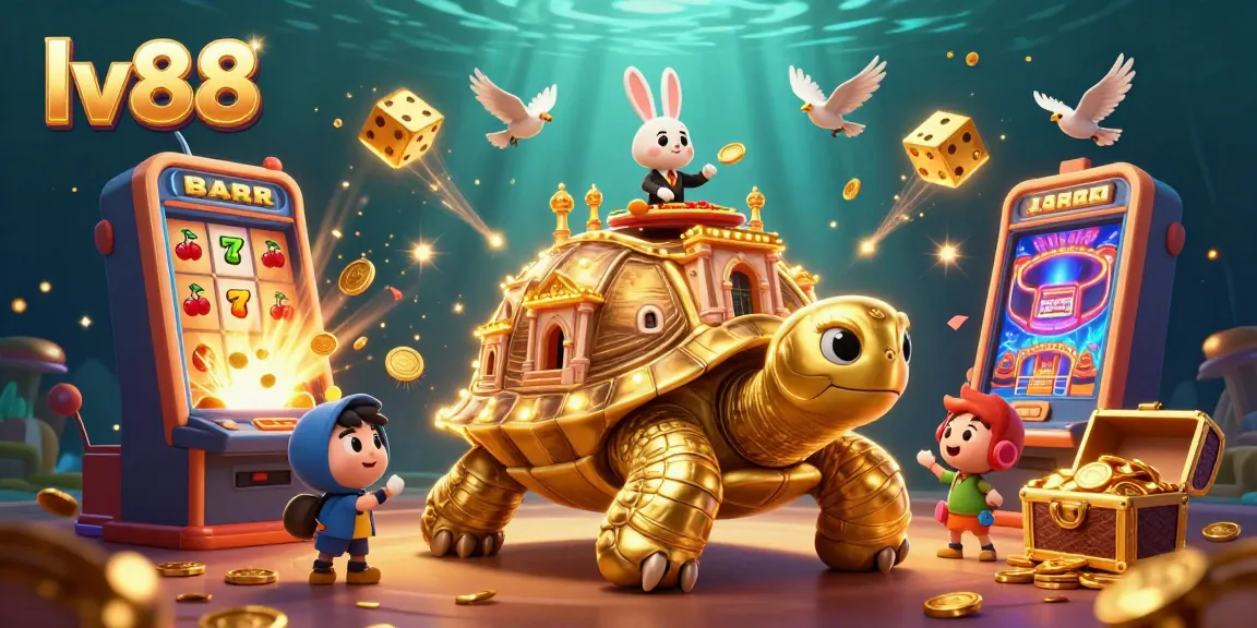 Experience the thrill of lv88 with a vibrant casino scene featuring a golden tortoise and jackpot festivities.
