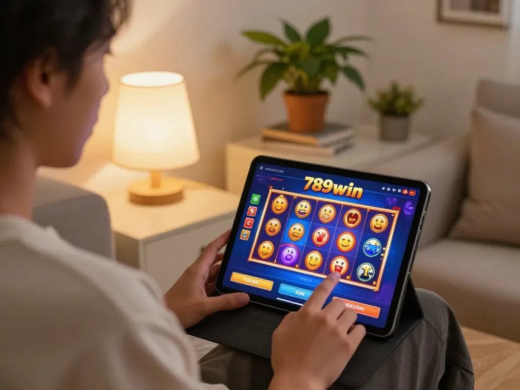 Engaged player enjoying 789win's exciting online slot games on a tablet at home
