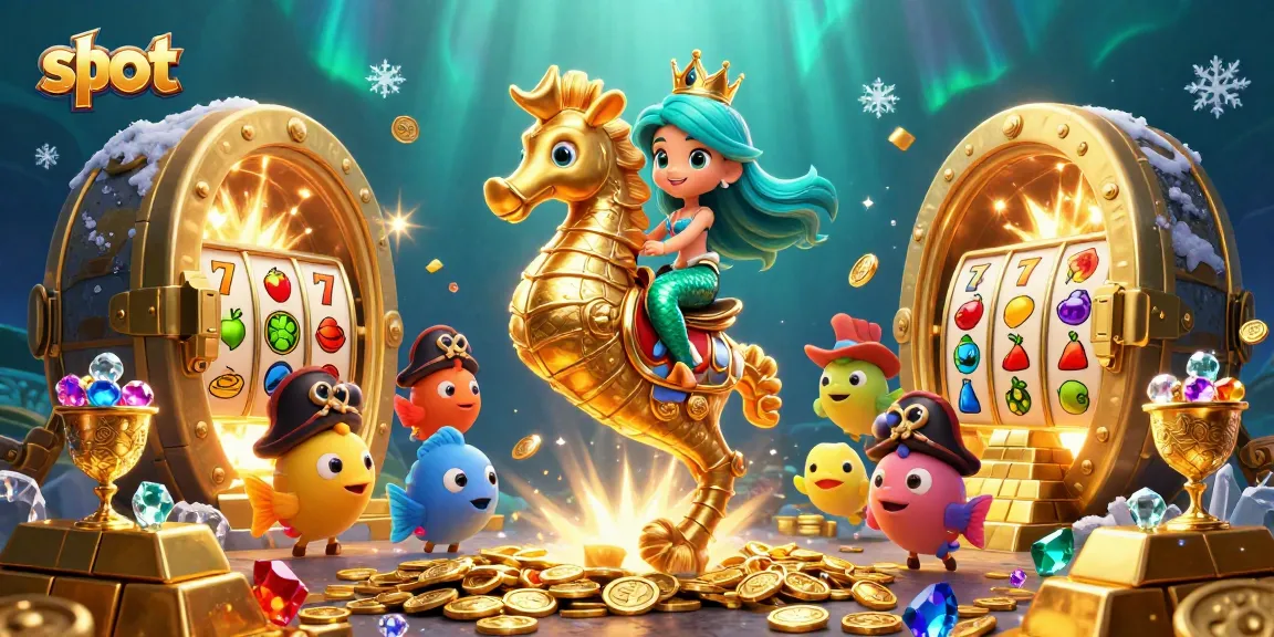 Spin slot reels with a colorful mermaid and seahorse in a vibrant treasure scene