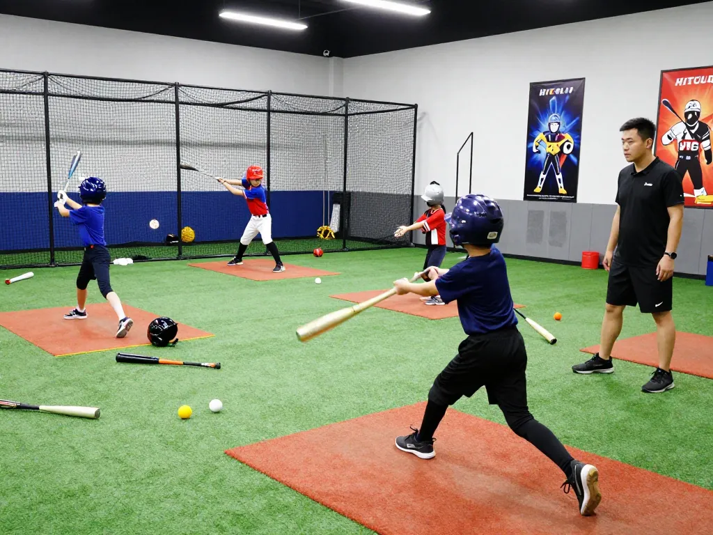Hitclub baseball training scene with young athletes in action, practicing their swings.