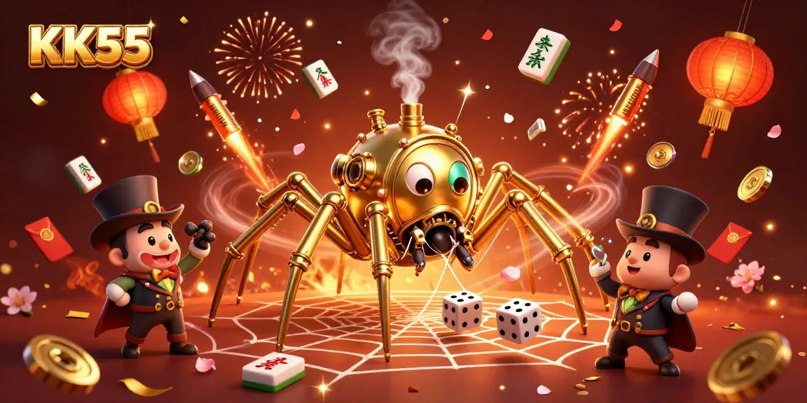 KK55 captivates players with a vibrant 3D illustration of a golden spider and a playful fly immersed in casino elements.