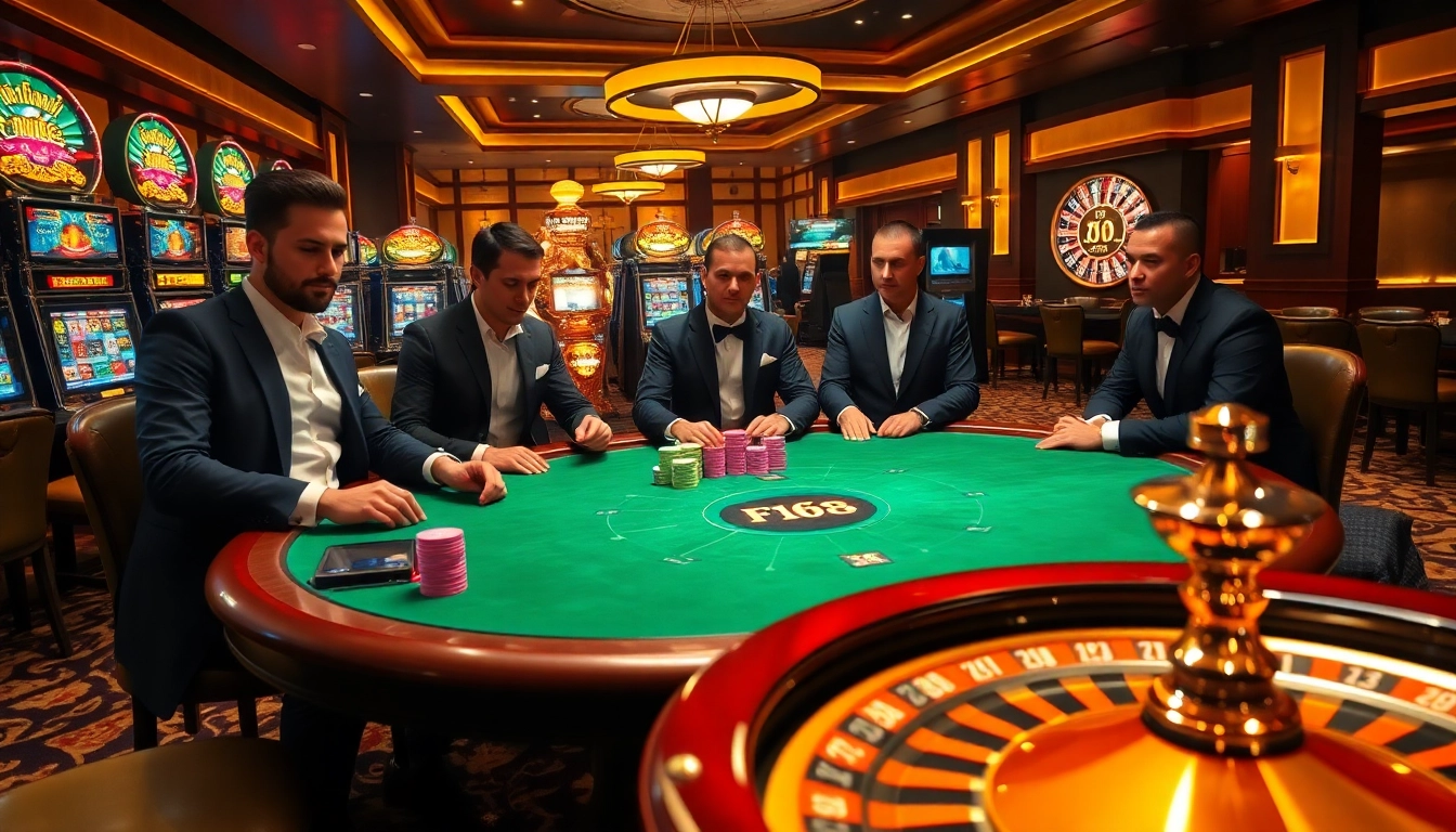 F168 casino scene with luxury poker game and vibrant slot machines.