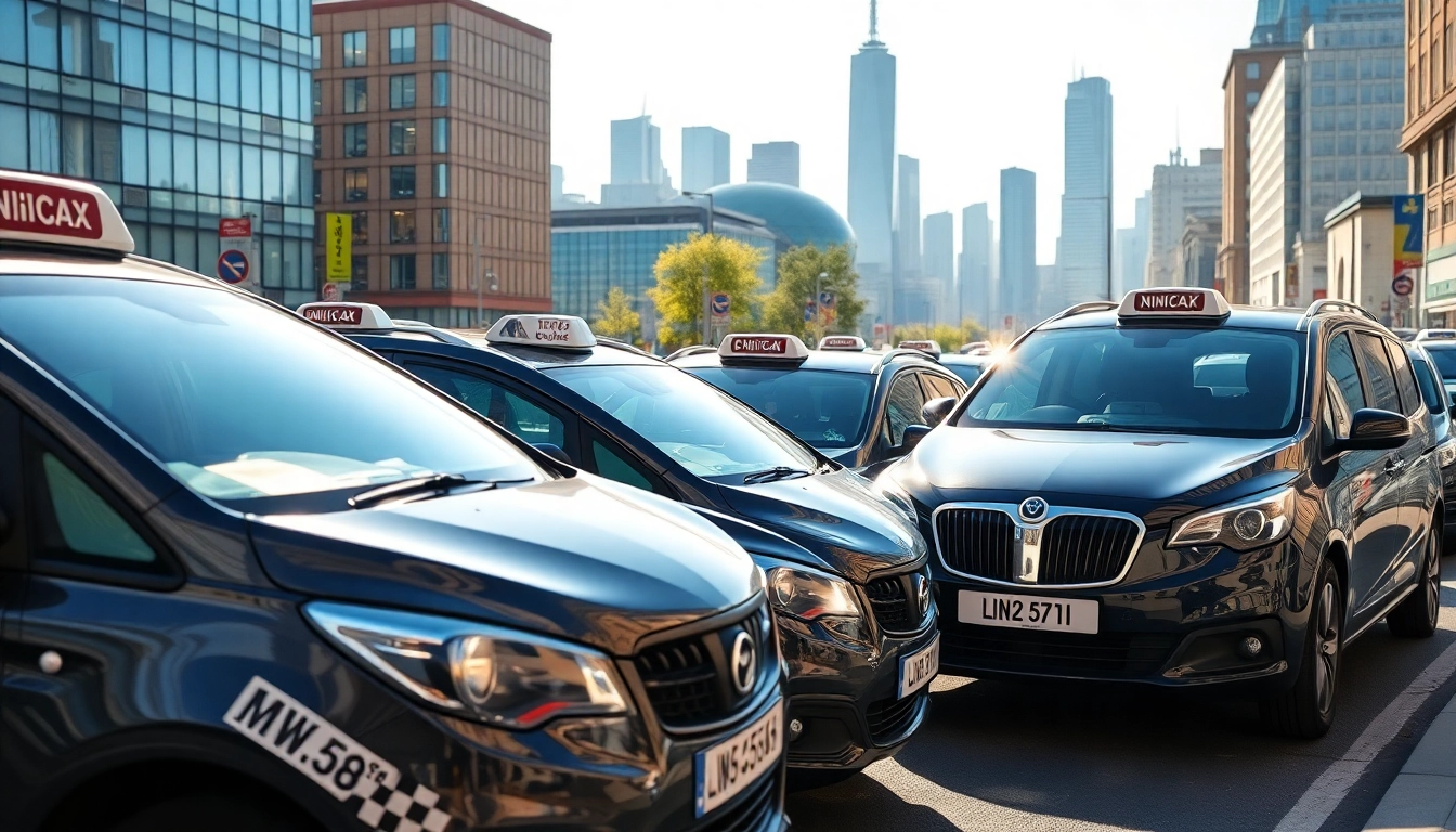 Minicabs parked in a busy urban setting, showcasing modern vehicles and city skyline.