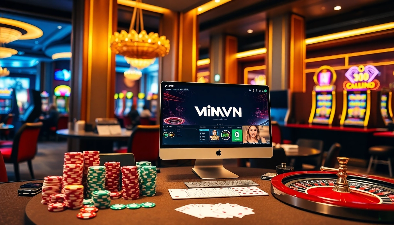 WinVN online casino interface with poker chips and cards showcasing an exciting gambling atmosphere.