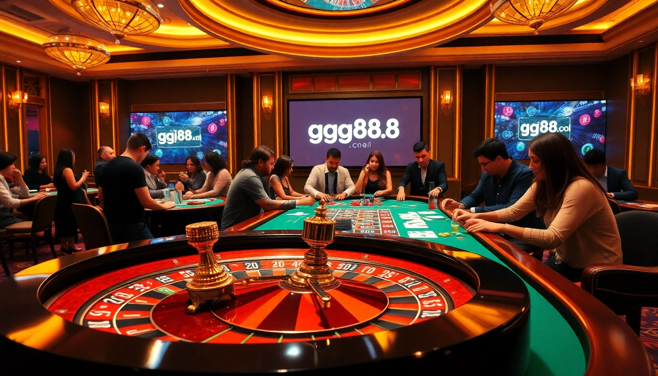 Experience the thrill of online betting at https://gg88.cool/ with a bustling casino scene showcasing a roulette table and eager gamblers.
