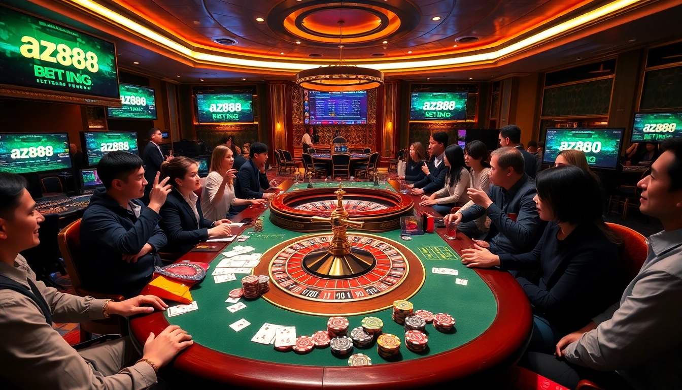 Players engaging in thrilling games at az888 casino tables with vibrant decor.