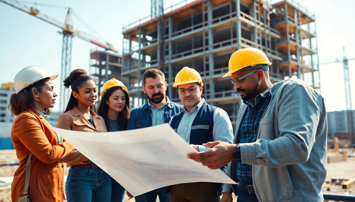 New York Commercial General Contractor reviewing blueprints with a construction team on-site.