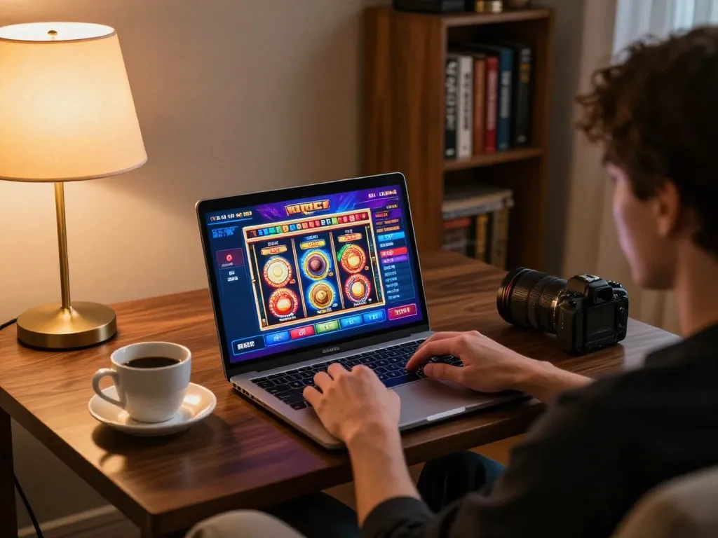 Engaging in online slot games at home with 32win32 platform, showcasing vibrant graphics and cozy ambiance.