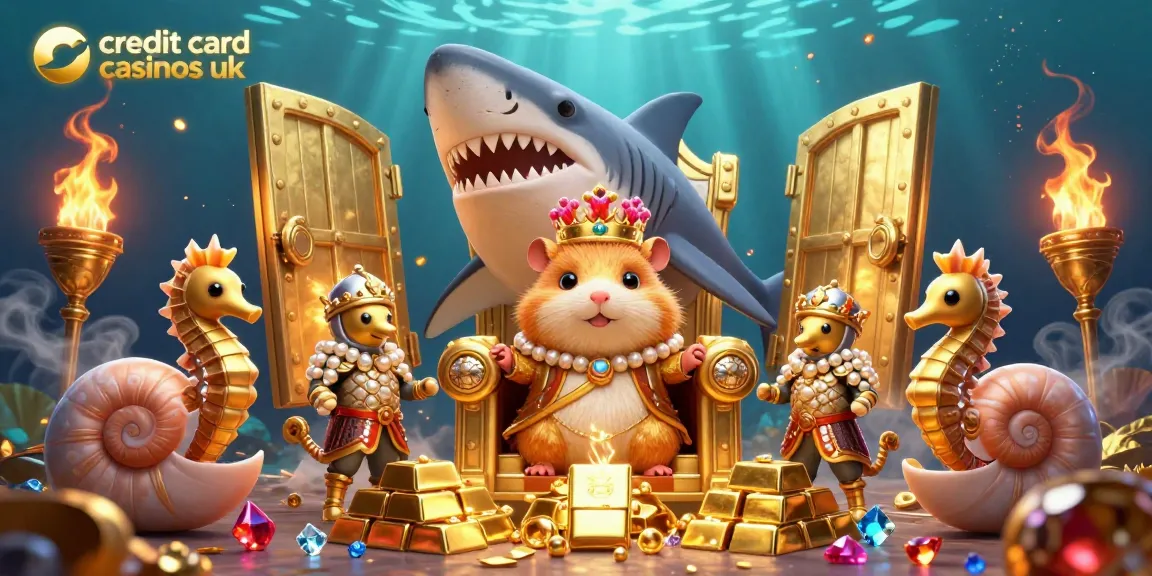 A dynamic 3D scene featuring a golden hamster king on a megalodon tooth throne, celebrating credit card casinos UK with treasures scattered around.