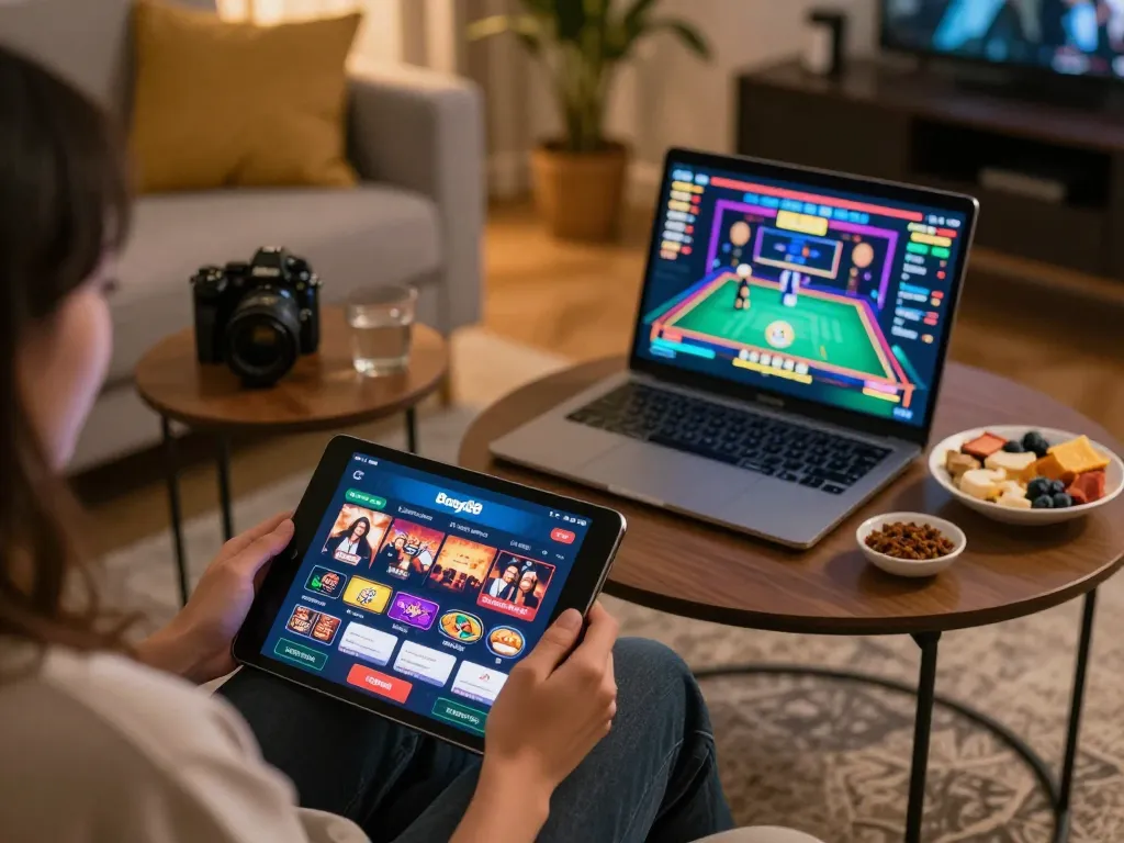 Bong88 user enjoying online casino gaming with tablet in a cozy living room