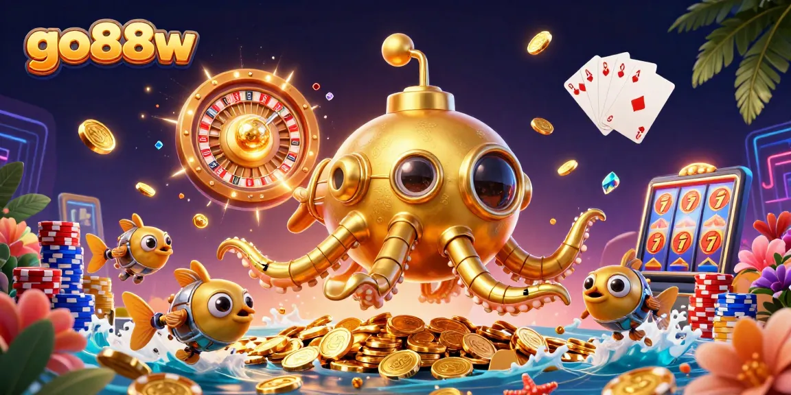 Experience thrilling gameplay with go88w's dynamic casino atmosphere featuring a golden kraken submarine.