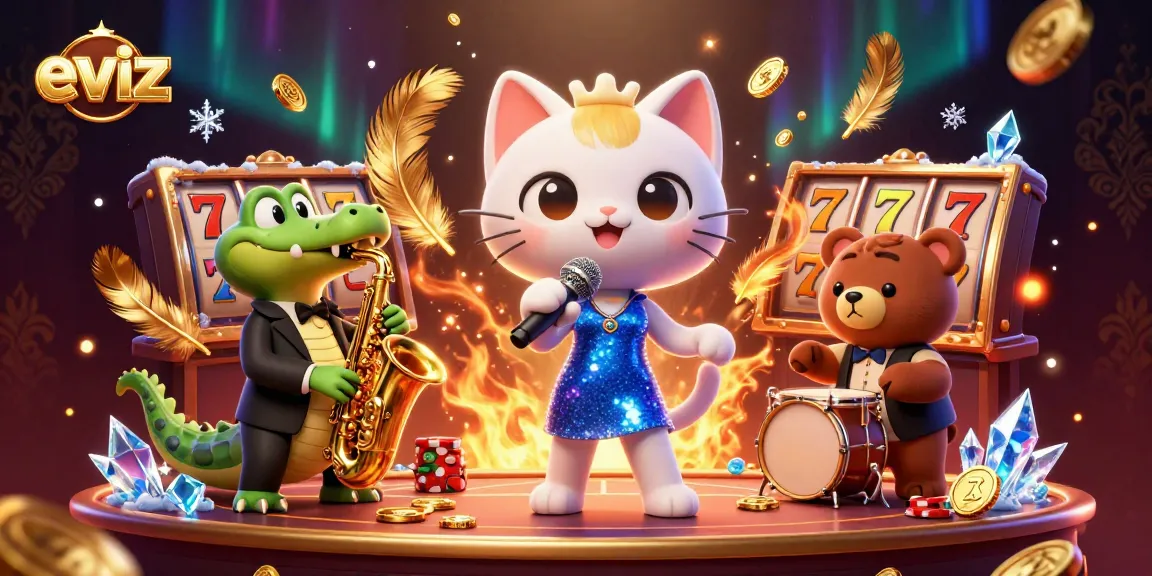 eviz showcases a vibrant casino scene with a jazzy cat, crocodile, and bear, celebrating slot wins.