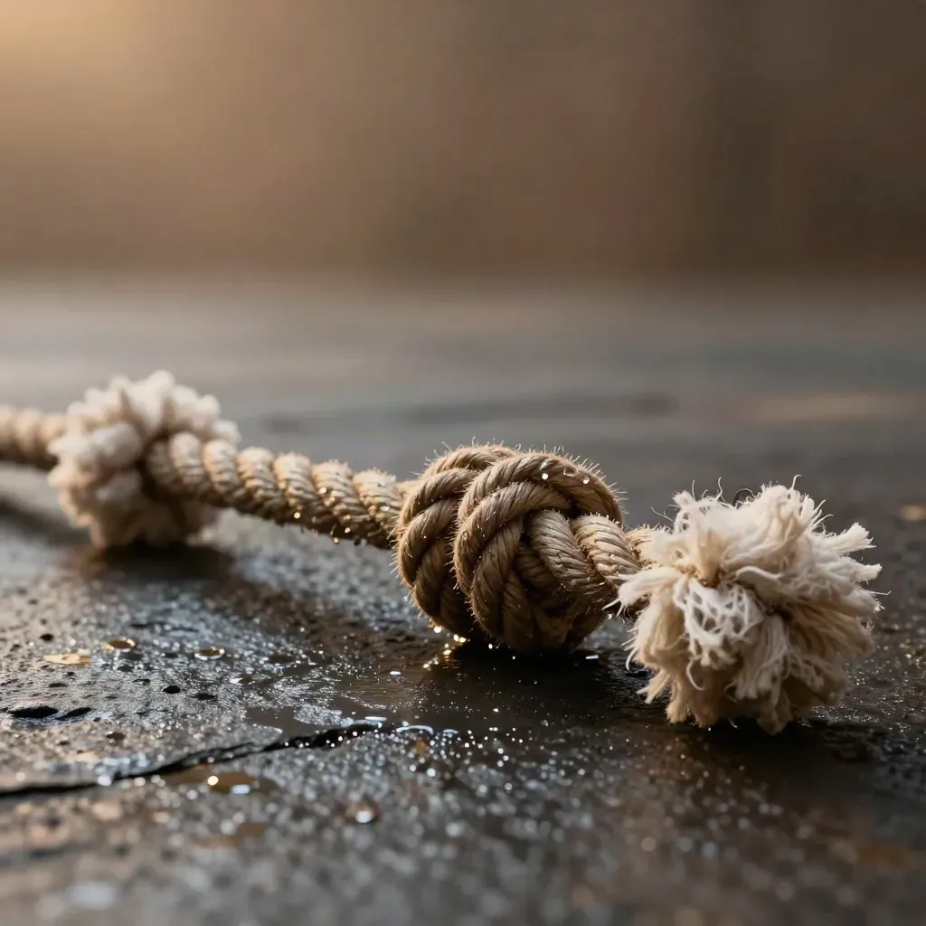 Damp rope tug toy on dark wet stone, lit dramatically with droplets and shadow.