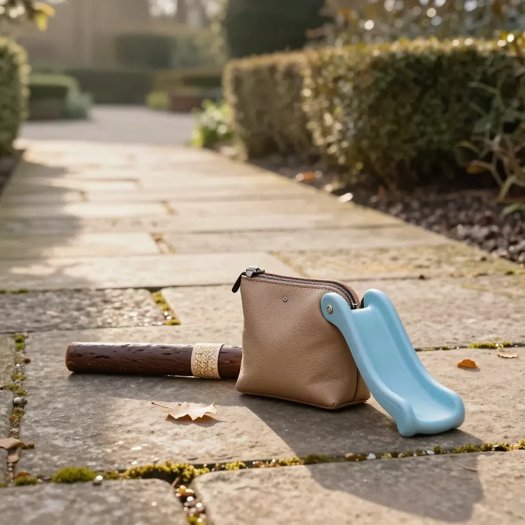 Dog walk bundle on a stone garden path with lead, treat pouch and sky-blue tug toy.