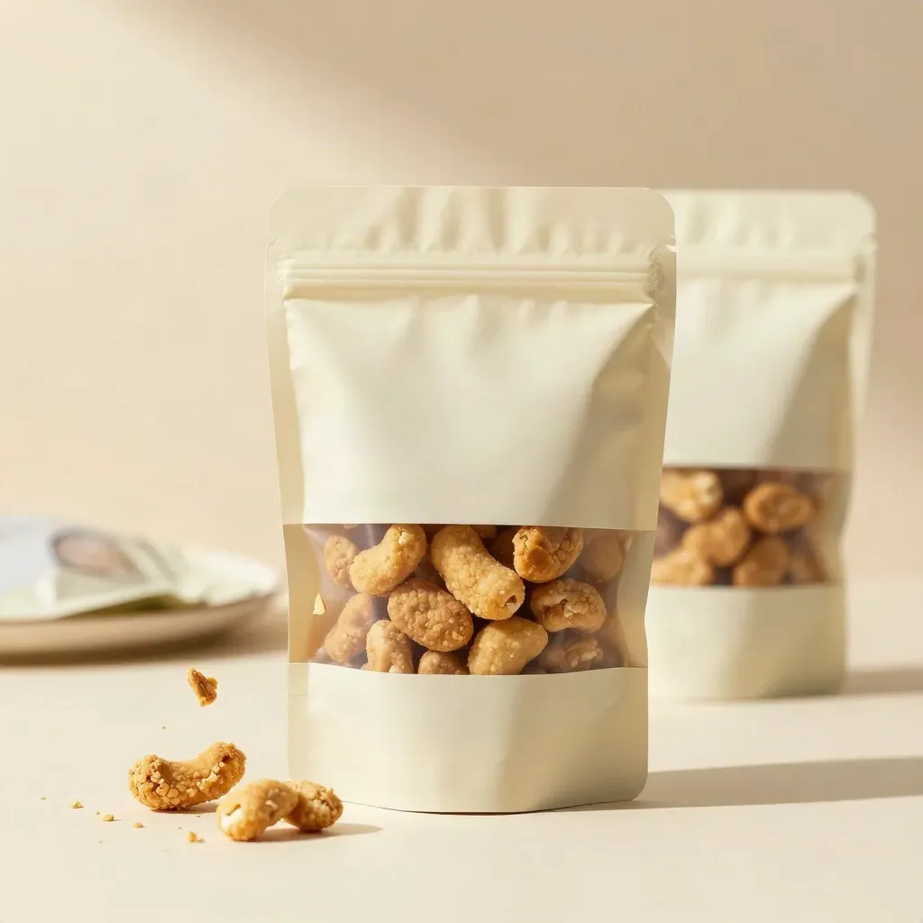 Open pouch of chicken training treats with pieces arcing out on a cream seamless.
