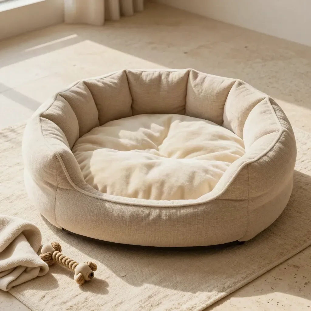 Overhead plush dog bed on cream linen rug with fleece blanket and chew toy on pale stone.
