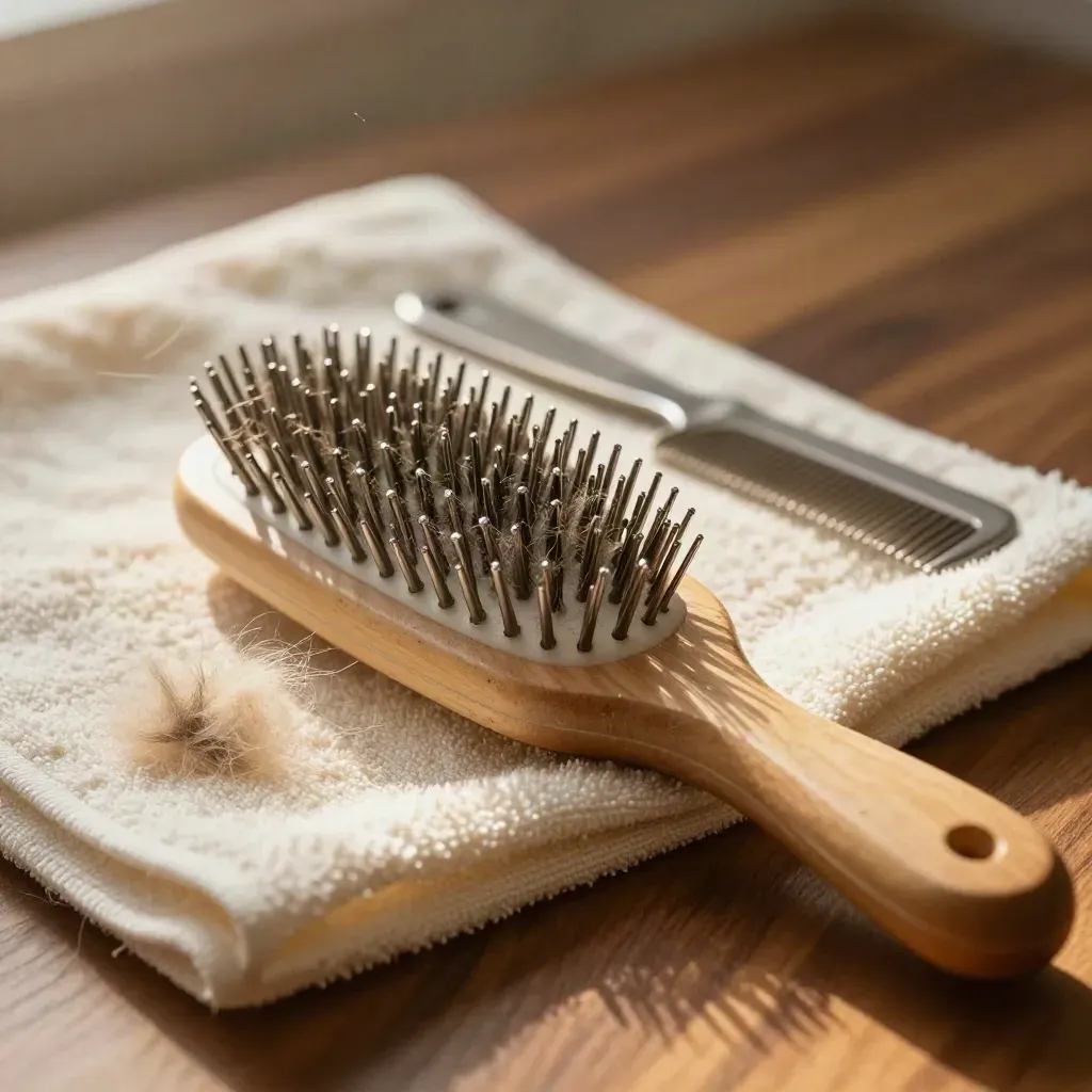 Macro side view of a slicker grooming brush on a towel beside brushed dog fur