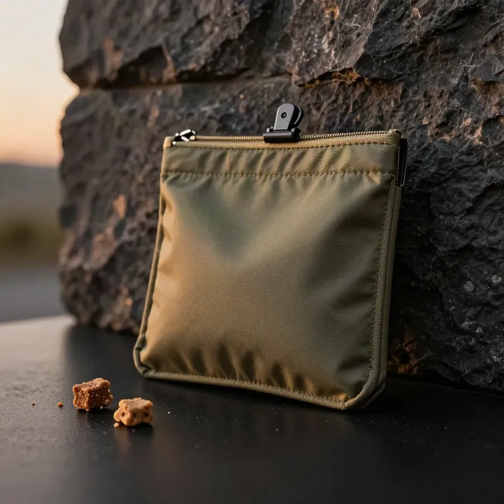 Clip-on treat pouch swinging by a lead clip with a few training treats on dark stone.
