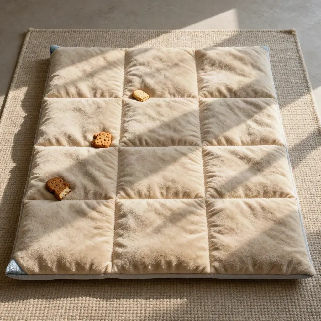 Overhead snuffle mat with hidden treats on a woven rug, lit by soft daylight.